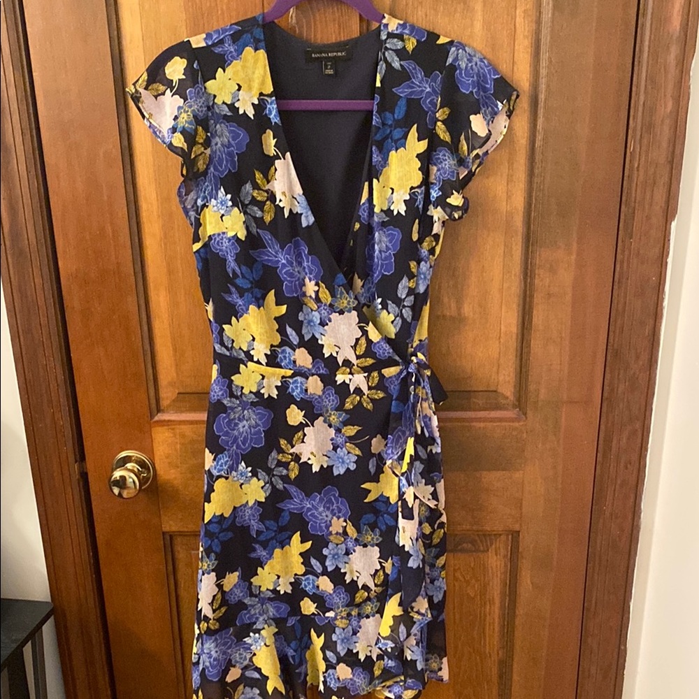 Floral Faux-Wrap Dress in Blue and Yellow